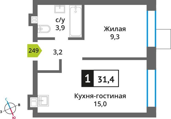 Продажа 1-комнатной квартиры 31,4 м², 2/6 этаж