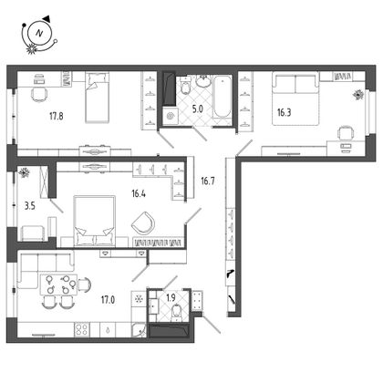 92,3 м², 3-комн. квартира, 8/11 этаж