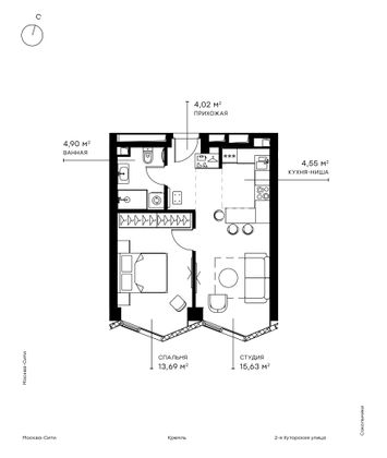 Продажа 1-комнатной квартиры 42,8 м², 34/49 этаж