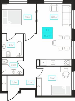 56,9 м², 2-комн. квартира, 3/23 этаж