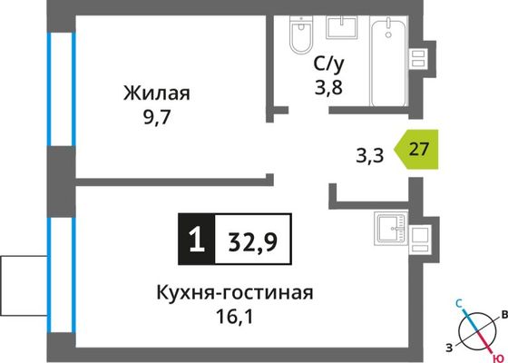 Продажа 1-комнатной квартиры 32,9 м², 4/6 этаж