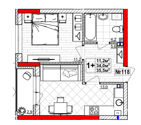 Продажа 1-комнатной квартиры 35,5 м², 2/4 этаж