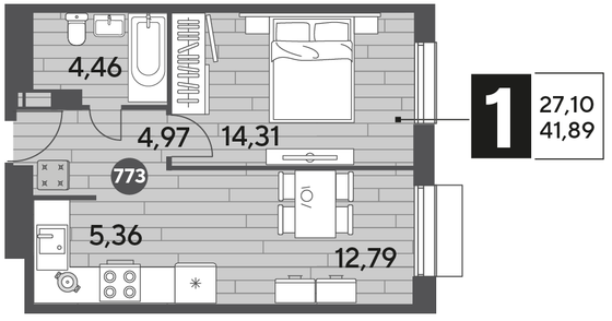 Продажа 1-комнатной квартиры 41,9 м², 4/12 этаж