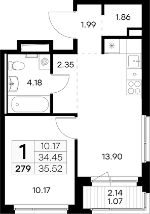 35,5 м², 1-комн. квартира, 2/9 этаж