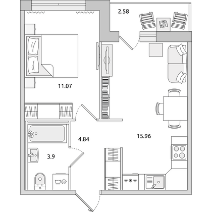 Продажа 1-комнатной квартиры 38,3 м², 3/15 этаж