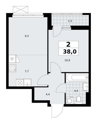 38 м², своб. планировка, 3/11 этаж