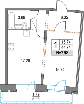 44,7 м², 1-комн. квартира, 3/25 этаж