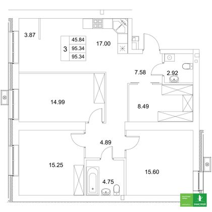 95,3 м², 3-комн. квартира, 3/10 этаж