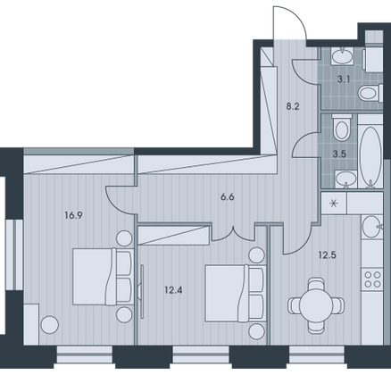 63,3 м², 2-комн. квартира, 8/34 этаж