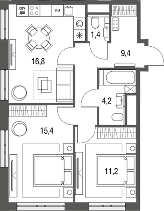 58,3 м², 3-комн. квартира, 2/25 этаж