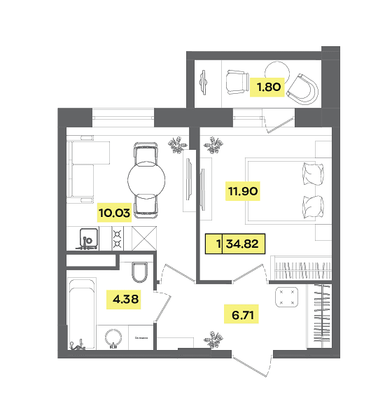 34,8 м², 2-комн. квартира, 4 этаж