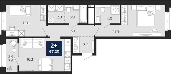 67,2 м², 2-комн. квартира, 7/19 этаж