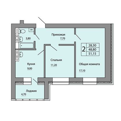 Продажа 2-комнатной квартиры 51,2 м², 6 этаж