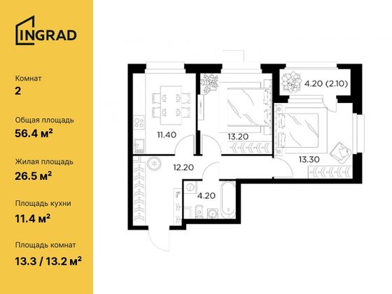 56,4 м², 2-комн. квартира, 3/18 этаж