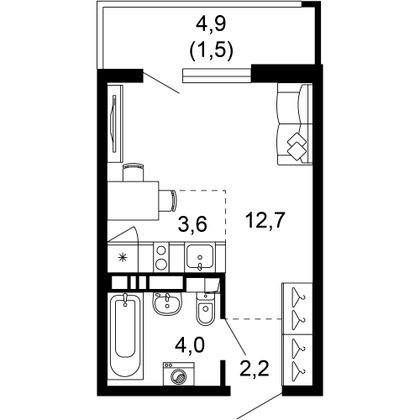 24 м², 1-комн. квартира, 17/17 этаж