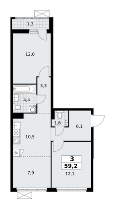 59,2 м², своб. планировка, 6/11 этаж