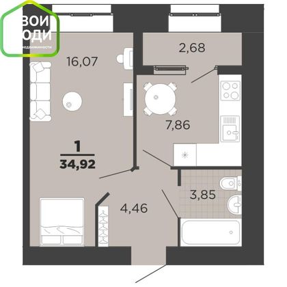 Продажа 1-комнатной квартиры 34 м², 10/16 этаж