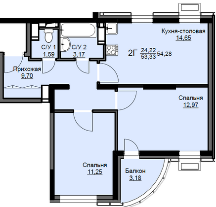 54,3 м², 2-комн. квартира, 16/17 этаж