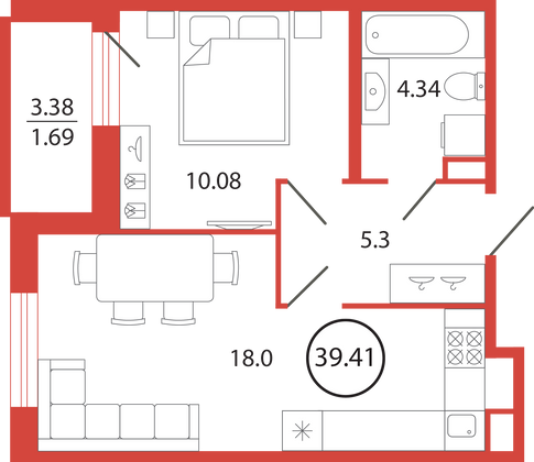 39,4 м², 1-комн. квартира, 2/12 этаж