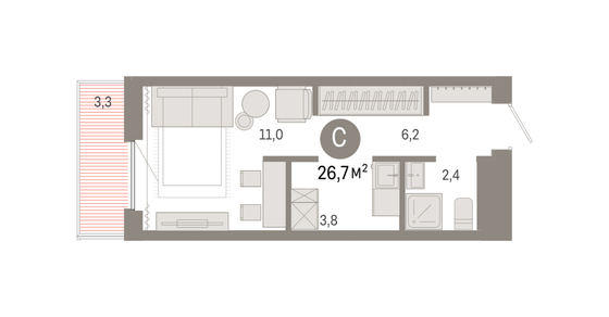 26,6 м², студия, 6/9 этаж