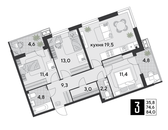 Продажа 3-комнатной квартиры 84 м², 2/18 этаж
