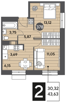 Продажа 2-комнатной квартиры 43,6 м², 2/15 этаж