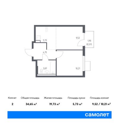 34,7 м², 2-комн. квартира, 2/17 этаж