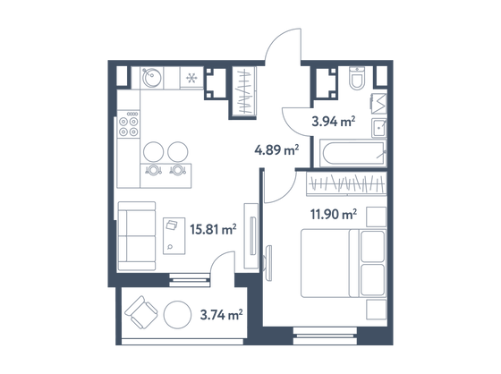 38,4 м², 1-комн. квартира, 16/25 этаж