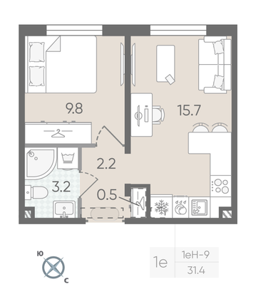 Продажа 1-комнатной квартиры 31,4 м², 1/22 этаж