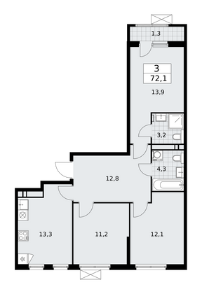 72,1 м², своб. планировка, 13/13 этаж