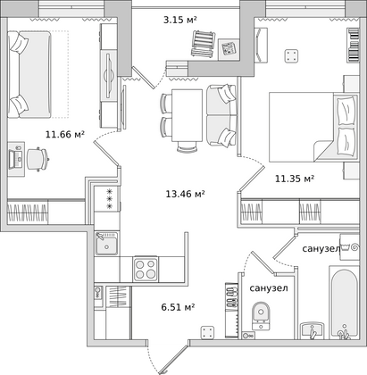 48,2 м², 2-комн. квартира, 14/14 этаж