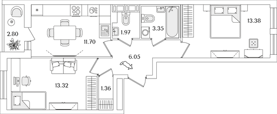 52,5 м², 2-комн. квартира, 5/9 этаж