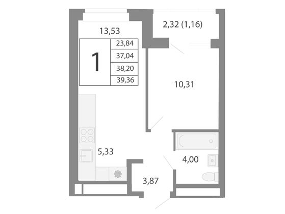38,2 м², 2-комн. квартира, 14/26 этаж