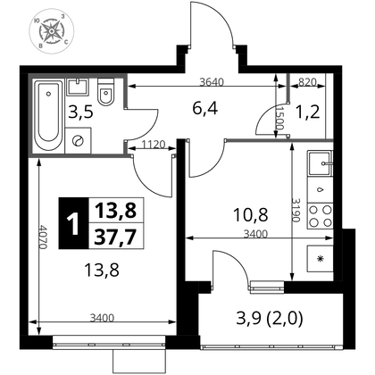 37,7 м², 1-комн. квартира, 3/22 этаж