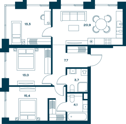 78,1 м², 3-комн. квартира, 23/27 этаж