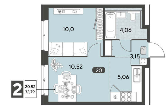 Продажа 2-комнатной квартиры 32,8 м², 4/25 этаж