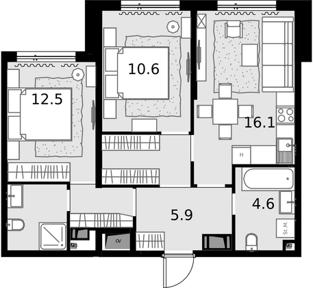61,5 м², 2-комн. квартира, 25/28 этаж