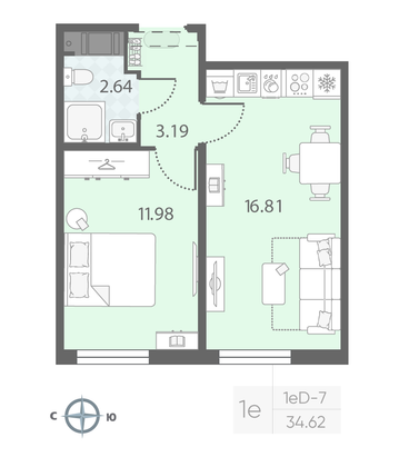 Продажа 1-комнатной квартиры 34,6 м², 20/23 этаж
