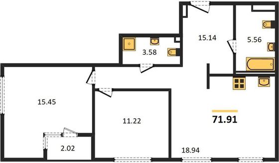 Продажа 2-комнатной квартиры 71,9 м², 3/23 этаж