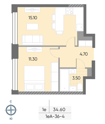 34,6 м², 1-комн. квартира, 4/30 этаж