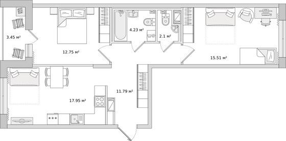 68,5 м², 2-комн. квартира, 2/16 этаж