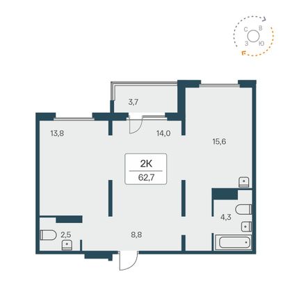 62,7 м², 2-комн. квартира, 16/17 этаж