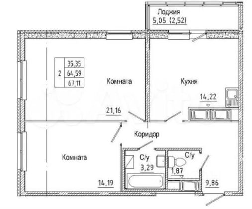 Продажа 2-комнатной квартиры 64,6 м², 23/25 этаж