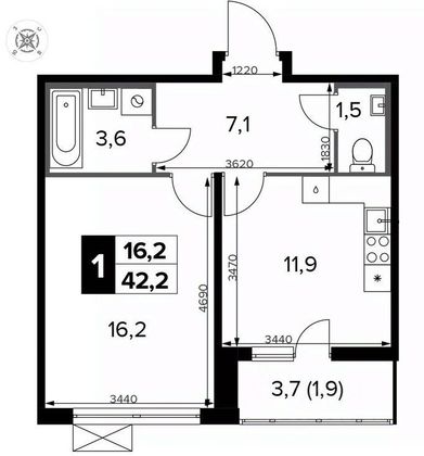 Продажа 1-комнатной квартиры 42,2 м², 14/14 этаж