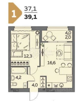 Продажа 1-комнатной квартиры 37,1 м², 17/23 этаж