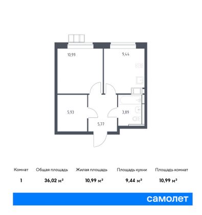 36 м², 1-комн. квартира, 4/13 этаж