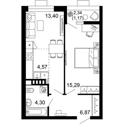 45,6 м², 2-комн. квартира, 2/10 этаж