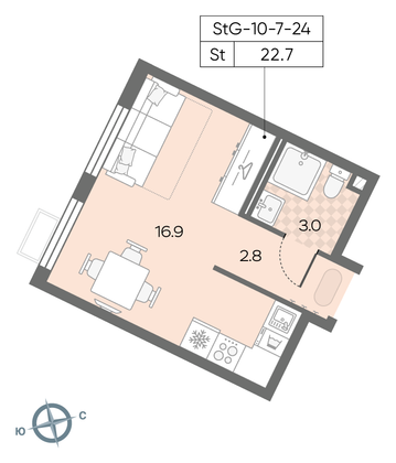 22,7 м², студия, 21/24 этаж