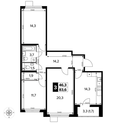 83,9 м², 3-комн. квартира, 15/15 этаж