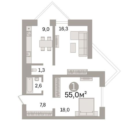 Продажа 2-комнатной квартиры 55 м², 16/16 этаж